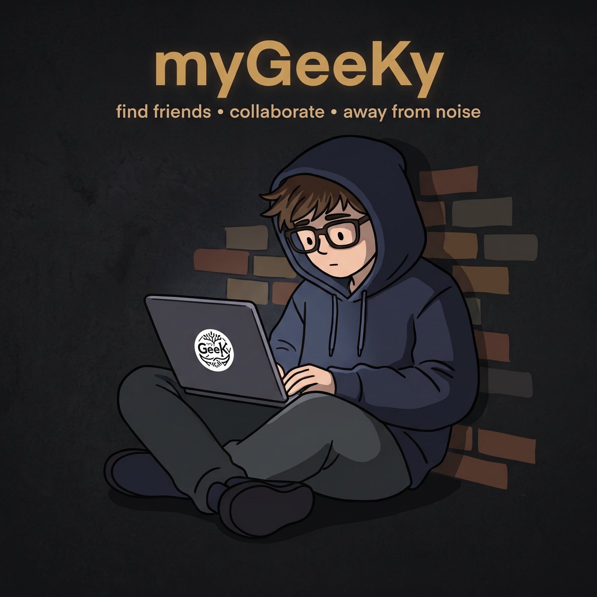 A geek in a hoodie working on a laptop against a brick wall, a myGeeKy sticker on the lid