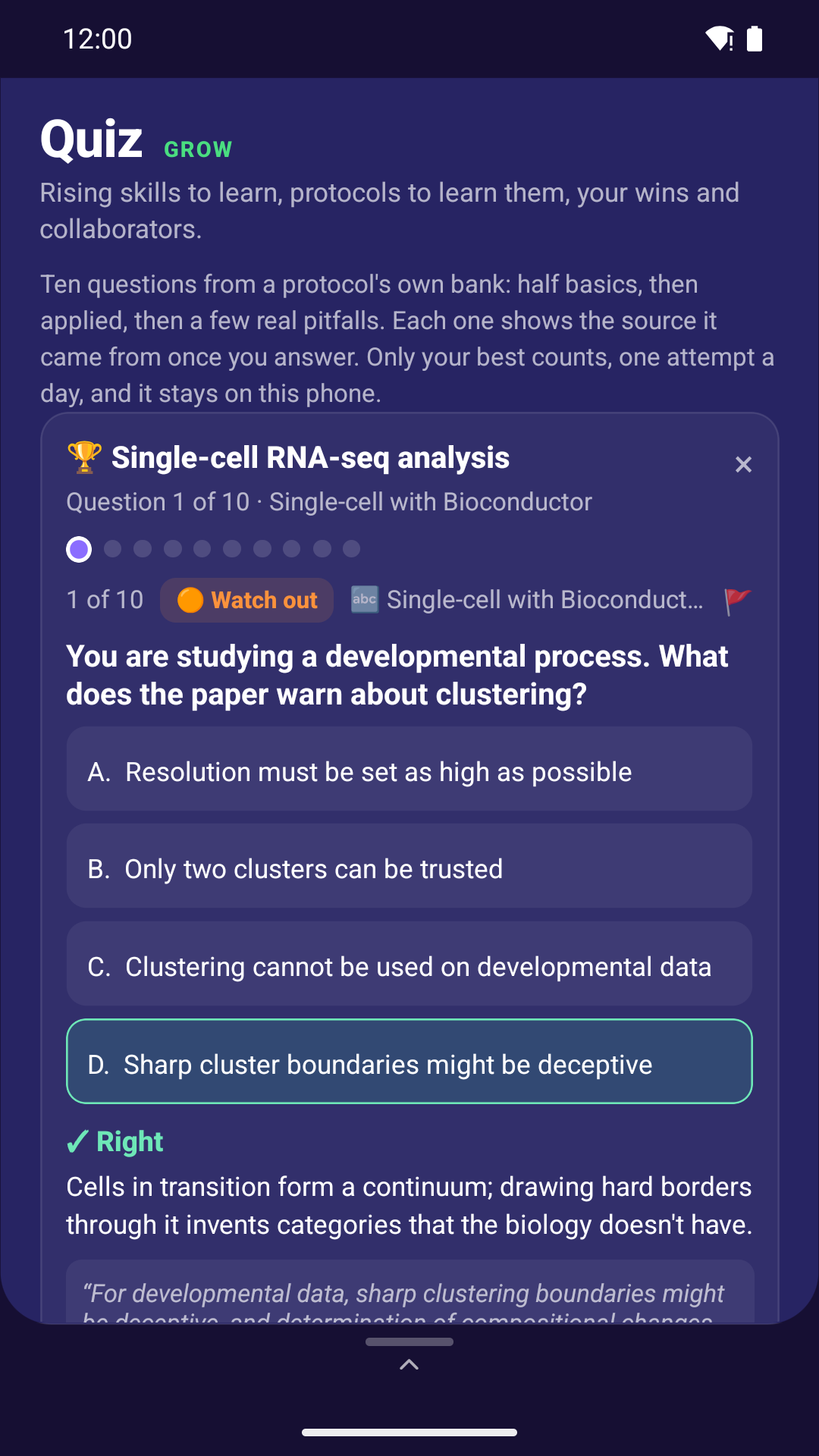 A quiz question answered, with the sentence from its source